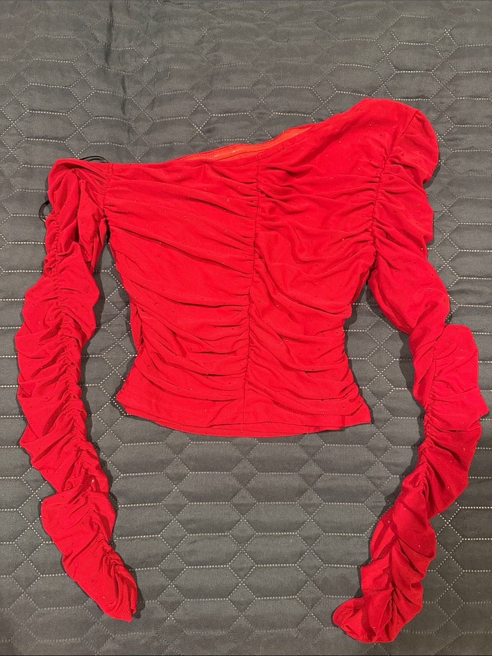 Lulu's Red One-Shoulder Ruched Sparkle Crop Top